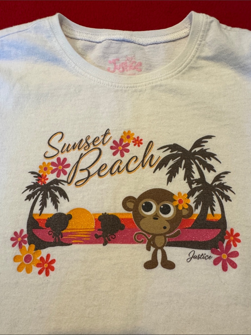 Girls Monkey Graphic Tee Sz 10 Sunset Beach and Tropical Flowers Y2K
